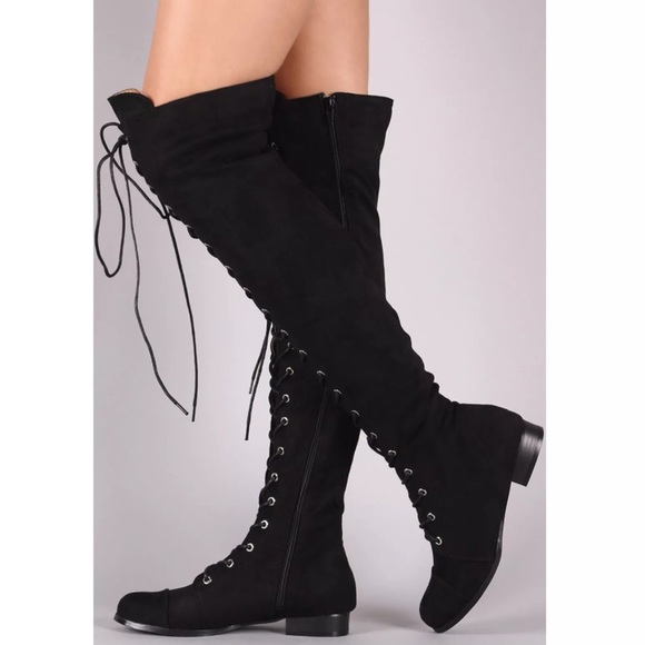 Faux suede Lace up knee high combat boot - Picture 2 of 3